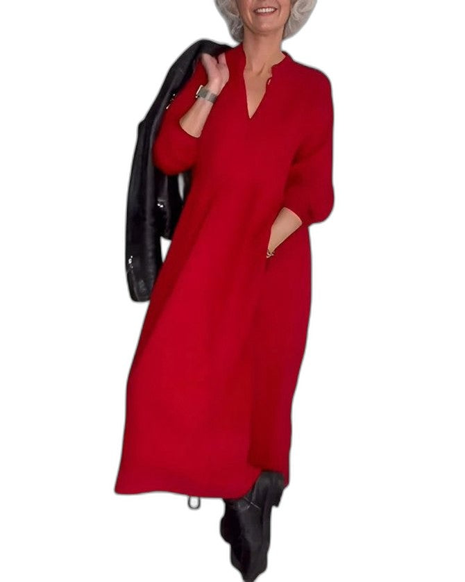 Effortless Red Knit Maxi Dress for Women with Crew Neck Long Sleeve Flowing Casual Style