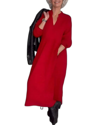 Effortless Red Knit Maxi Dress for Women with Crew Neck Long Sleeve Flowing Casual Style