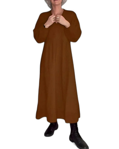 Effortless Red Knit Maxi Dress for Women with Crew Neck Long Sleeve Flowing Casual Style