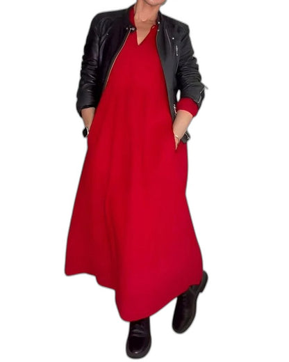 Effortless Red Knit Maxi Dress for Women with Crew Neck Long Sleeve Flowing Casual Style