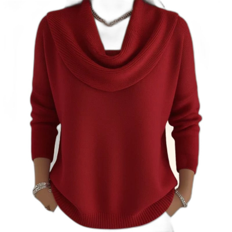 Effortless Red Knit Sweater for Women with Cowl Neck Long Sleeve Casual Style