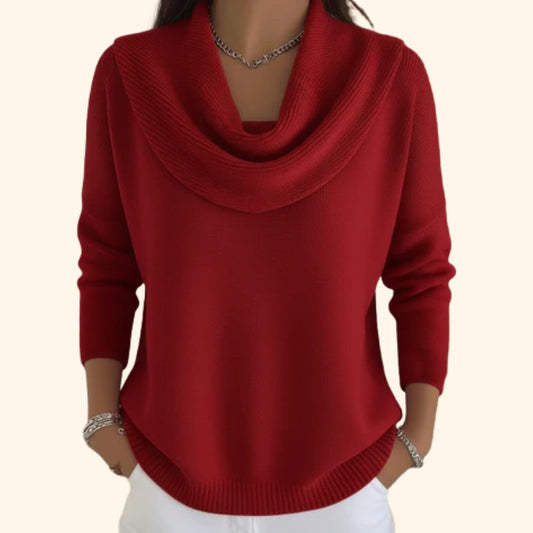 Effortless Red Knit Sweater for Women with Cowl Neck Long Sleeve Casual Style