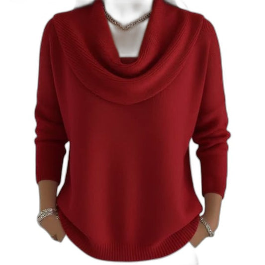 Effortless Red Knit Sweater for Women with Cowl Neck Long Sleeve Casual Style