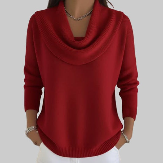 Effortless Red Knit Sweater for Women with Cowl Neck Long Sleeve Casual Style