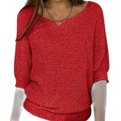 Effortless Red Knit Sweater for Women with V Neck Elbow Sleeve Oversized Casual Style