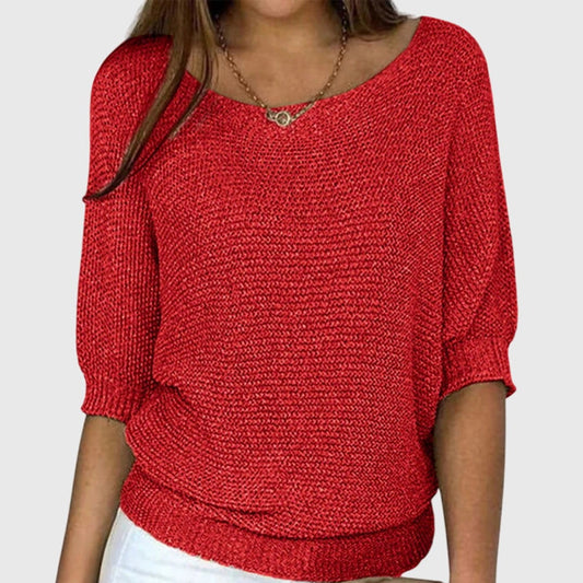 Effortless Red Knit Sweater for Women with V Neck Elbow Sleeve Oversized Casual Style