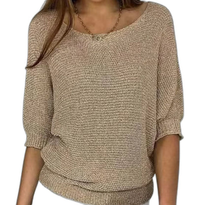 Effortless Red Knit Sweater for Women with V Neck Elbow Sleeve Oversized Casual Style