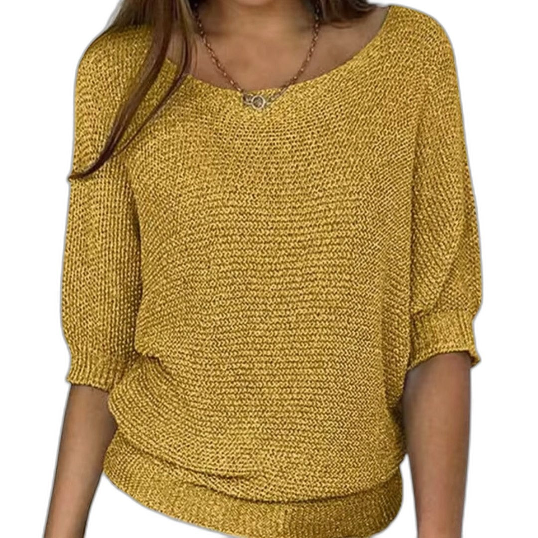 Effortless Red Knit Sweater for Women with V Neck Elbow Sleeve Oversized Casual Style
