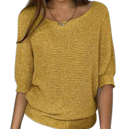 Effortless Red Knit Sweater for Women with V Neck Elbow Sleeve Oversized Casual Style