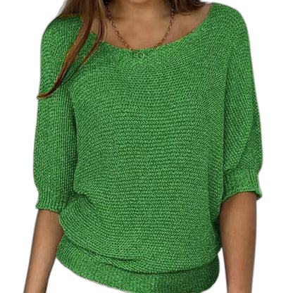 Effortless Red Knit Sweater for Women with V Neck Elbow Sleeve Oversized Casual Style
