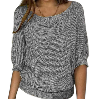 Effortless Red Knit Sweater for Women with V Neck Elbow Sleeve Oversized Casual Style