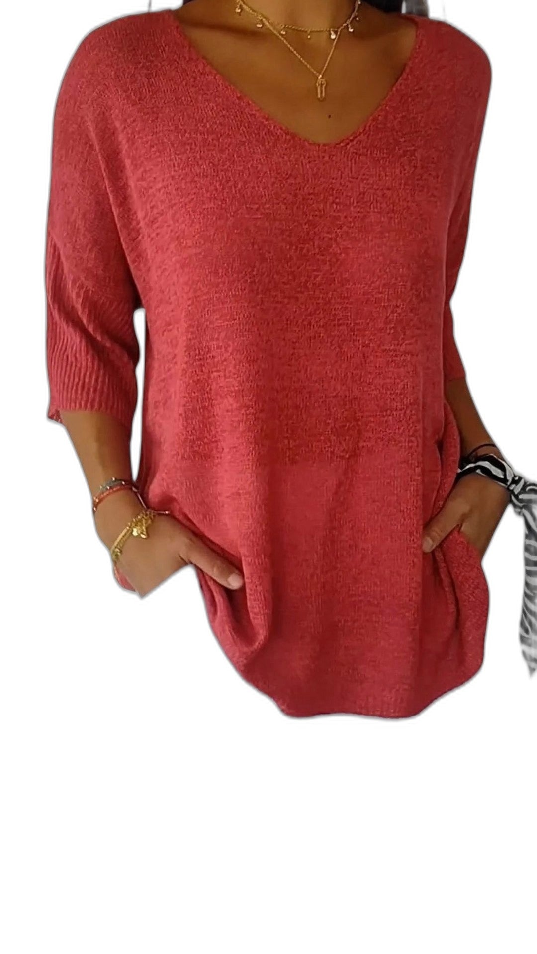 Effortless Red Knit Sweater for Women with V Neck Elbow Sleeve Oversized Pockets Casual Style