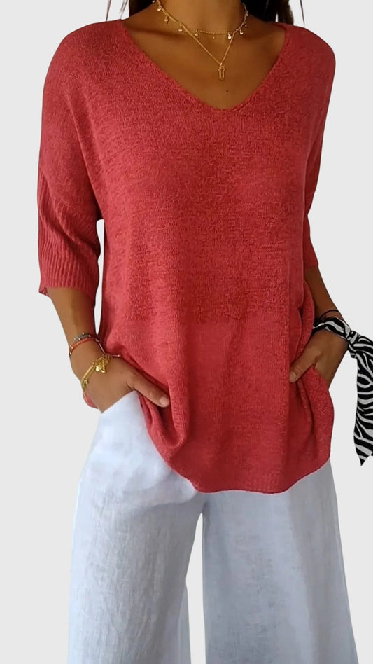 Effortless Red Knit Sweater for Women with V Neck Elbow Sleeve Oversized Pockets Casual Style