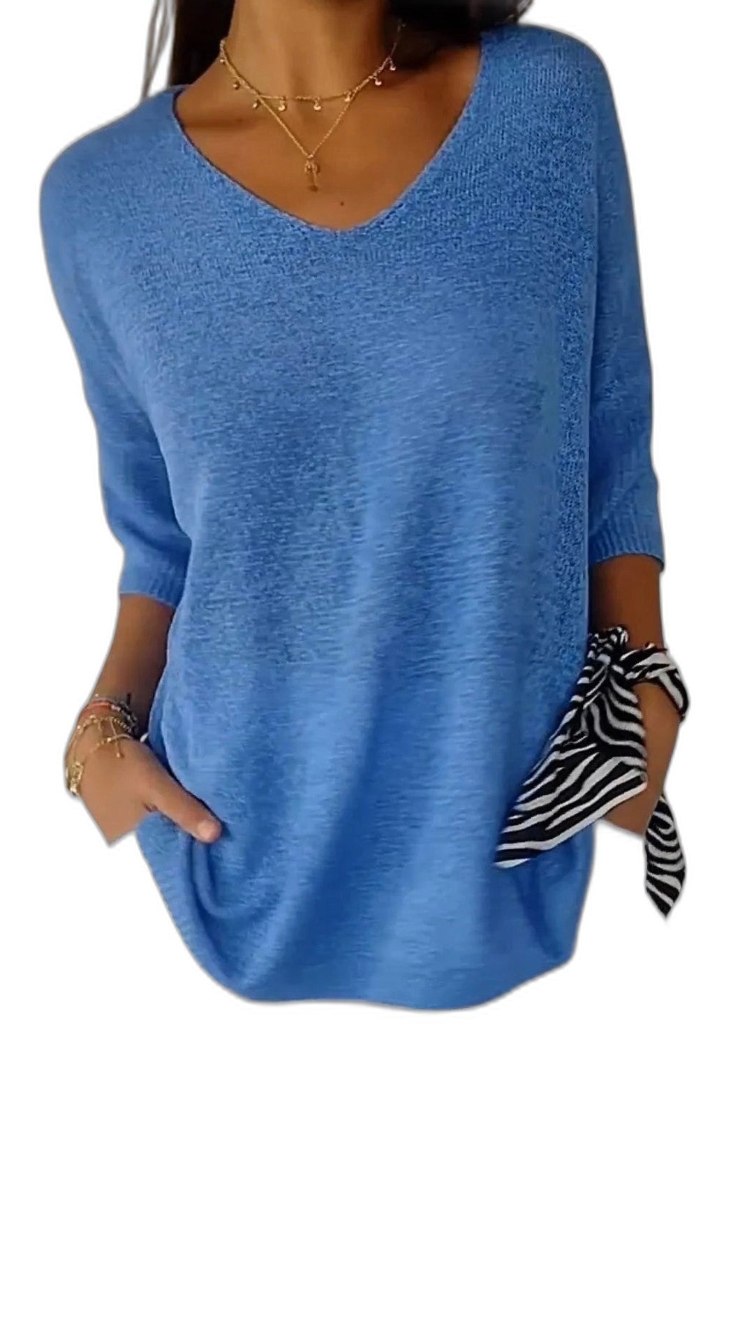 Effortless Red Knit Sweater for Women with V Neck Elbow Sleeve Oversized Pockets Casual Style