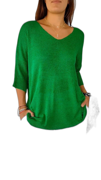 Effortless Red Knit Sweater for Women with V Neck Elbow Sleeve Oversized Pockets Casual Style