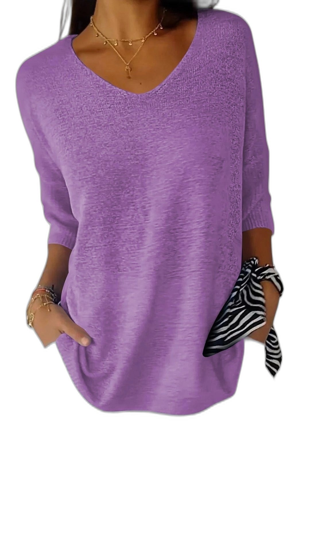 Effortless Red Knit Sweater for Women with V Neck Elbow Sleeve Oversized Pockets Casual Style