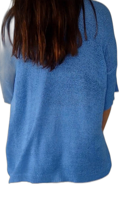 Effortless Red Knit Sweater for Women with V Neck Elbow Sleeve Oversized Pockets Casual Style