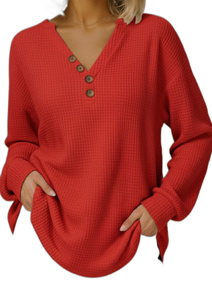 Effortless Red Knit Sweater for Women with V Neck Long Sleeve Button Front Casual Style