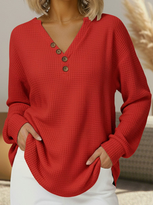 Effortless Red Knit Sweater for Women with V Neck Long Sleeve Button Front Casual Style