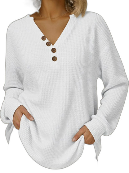 Effortless Red Knit Sweater for Women with V Neck Long Sleeve Button Front Casual Style
