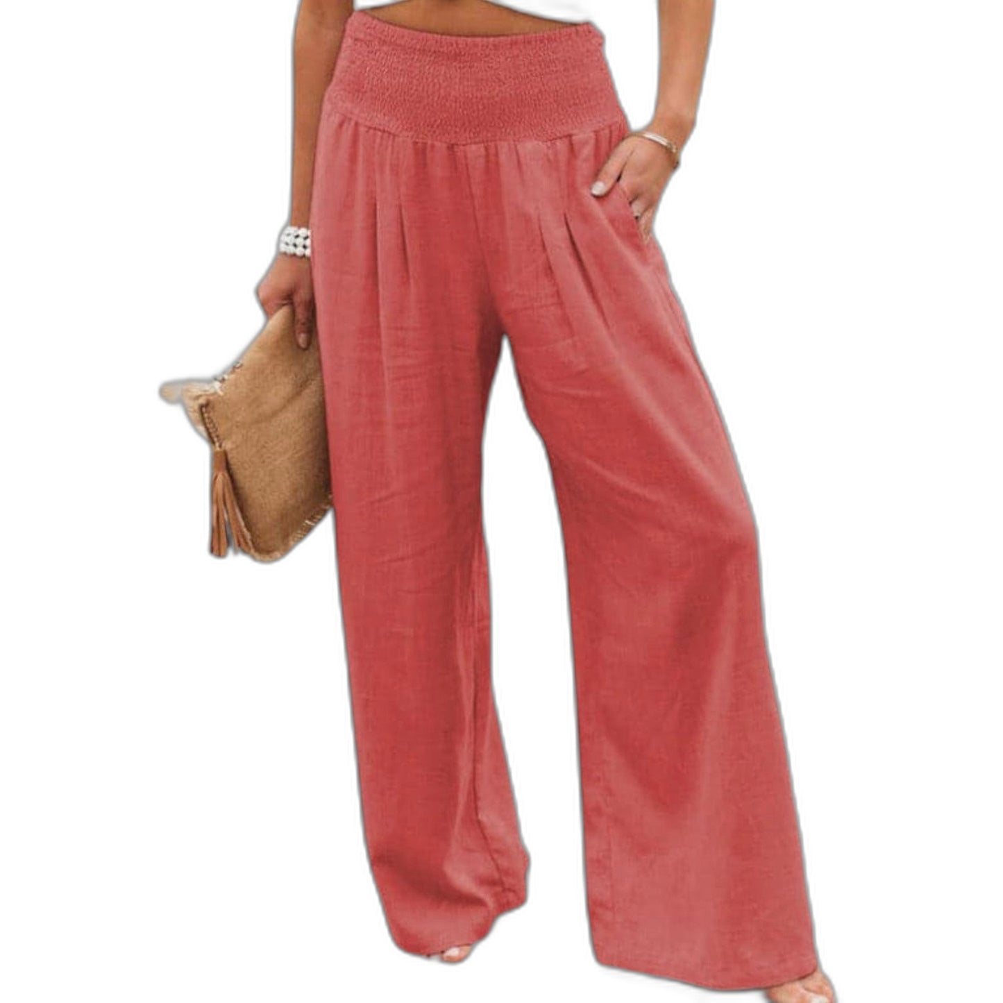 Effortless Red Linen Wide Leg Pants for Women with High Waisted Casual Style