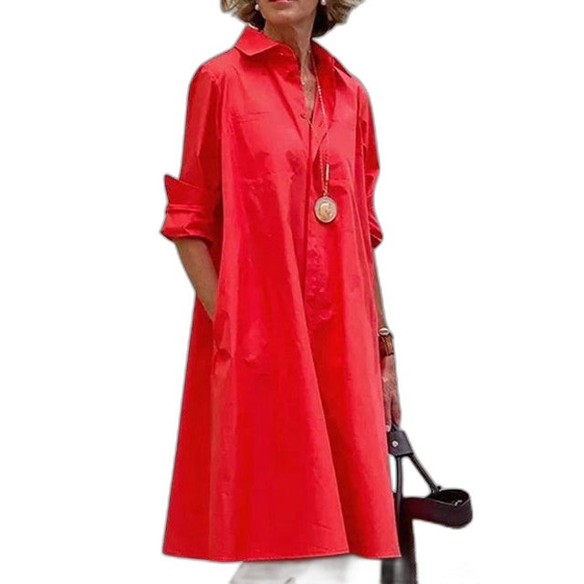 Effortless Red Midi Dress for Women with Collared Long Sleeve Button Front Flowing Pockets Casual Style