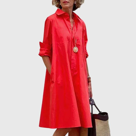 Effortless Red Midi Dress for Women with Collared Long Sleeve Button Front Flowing Pockets Casual Style