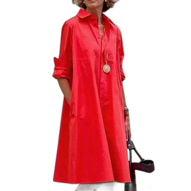 Effortless Red Midi Dress for Women with Collared Long Sleeve Button Front Flowing Pockets Casual Style