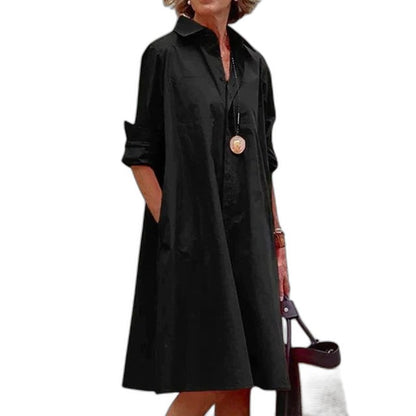 Effortless Red Midi Dress for Women with Collared Long Sleeve Button Front Flowing Pockets Casual Style