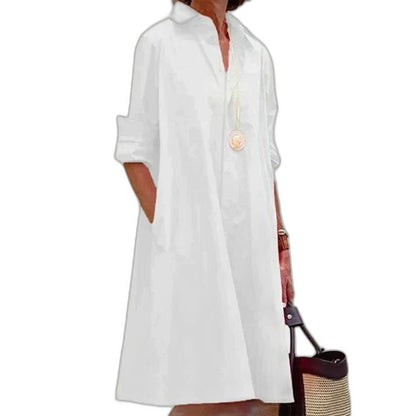 Effortless Red Midi Dress for Women with Collared Long Sleeve Button Front Flowing Pockets Casual Style