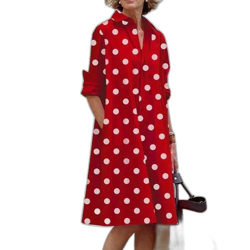 Effortless Red Midi Dress for Women with Collared Long Sleeve Button Front Flowing Pockets Casual Style
