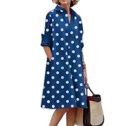 Effortless Red Midi Dress for Women with Collared Long Sleeve Button Front Flowing Pockets Casual Style