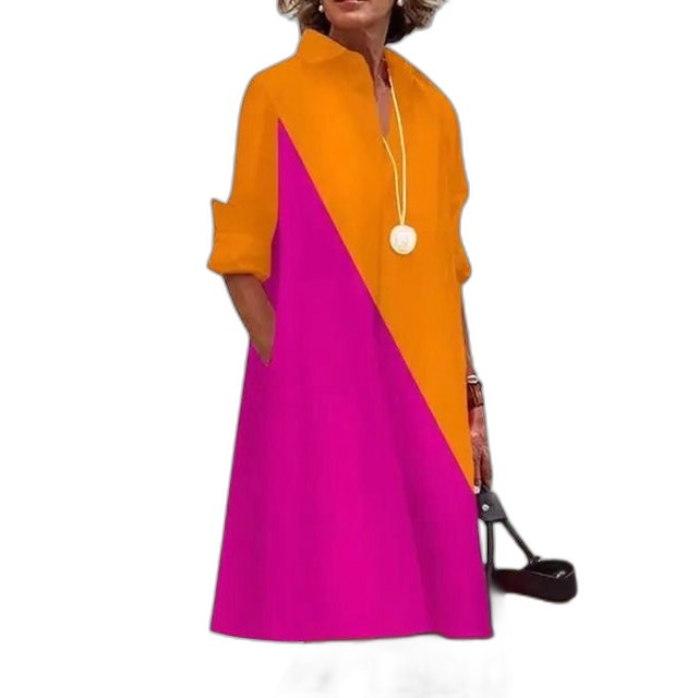 Effortless Red Midi Dress for Women with Collared Long Sleeve Button Front Flowing Pockets Casual Style
