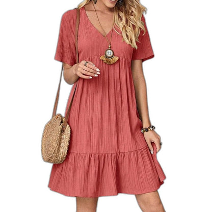 Effortless Red Mini Dress for Women with V Neck Short Sleeve Tiered Flowing Casual Style