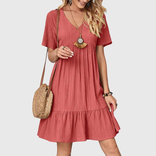 Effortless Red Mini Dress for Women with V Neck Short Sleeve Tiered Flowing Casual Style