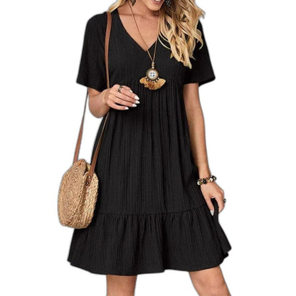 Effortless Red Mini Dress for Women with V Neck Short Sleeve Tiered Flowing Casual Style