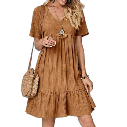 Effortless Red Mini Dress for Women with V Neck Short Sleeve Tiered Flowing Casual Style