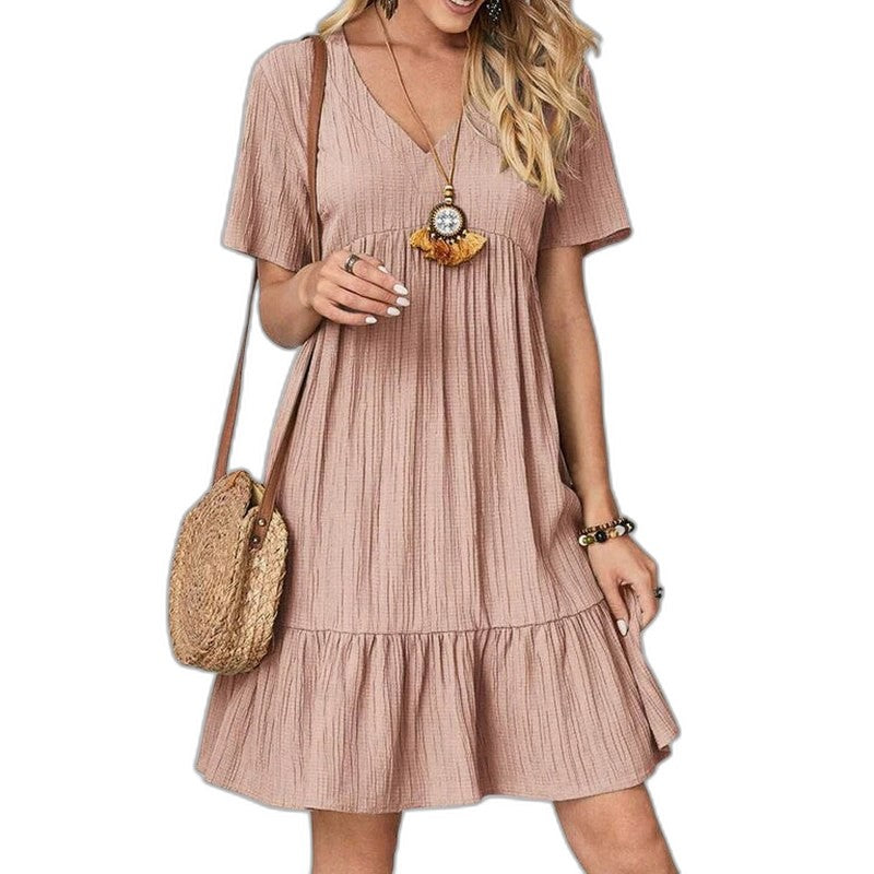 Effortless Red Mini Dress for Women with V Neck Short Sleeve Tiered Flowing Casual Style