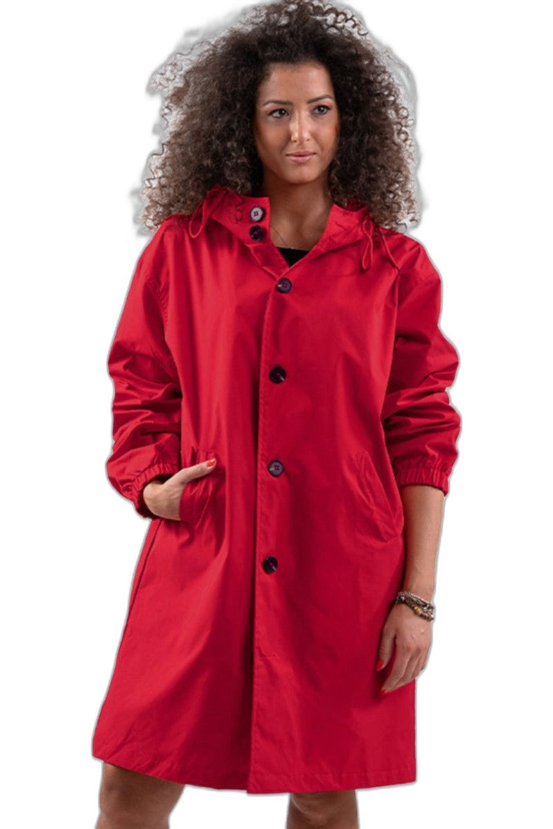 Effortless Red Trench Coat for Women with Collared Long Sleeve Button Front Oversized Pockets Casual Style