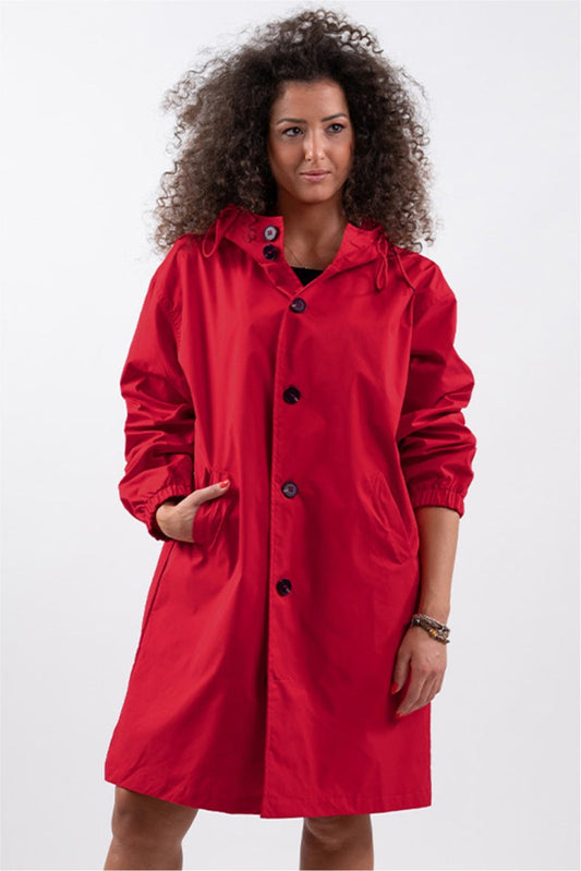 Effortless Red Trench Coat for Women with Collared Long Sleeve Button Front Oversized Pockets Casual Style