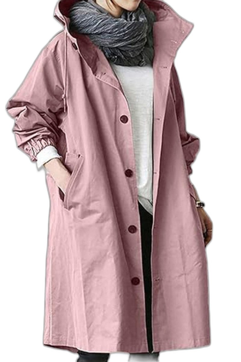 Effortless Red Trench Coat for Women with Collared Long Sleeve Button Front Oversized Pockets Casual Style
