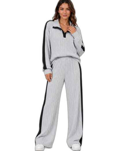Effortless Ribbed Two Piece Set for Women with Wide Leg Casual Style