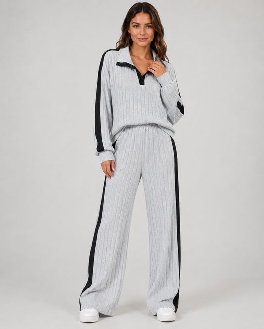 Effortless Ribbed Two Piece Set for Women with Wide Leg Casual Style