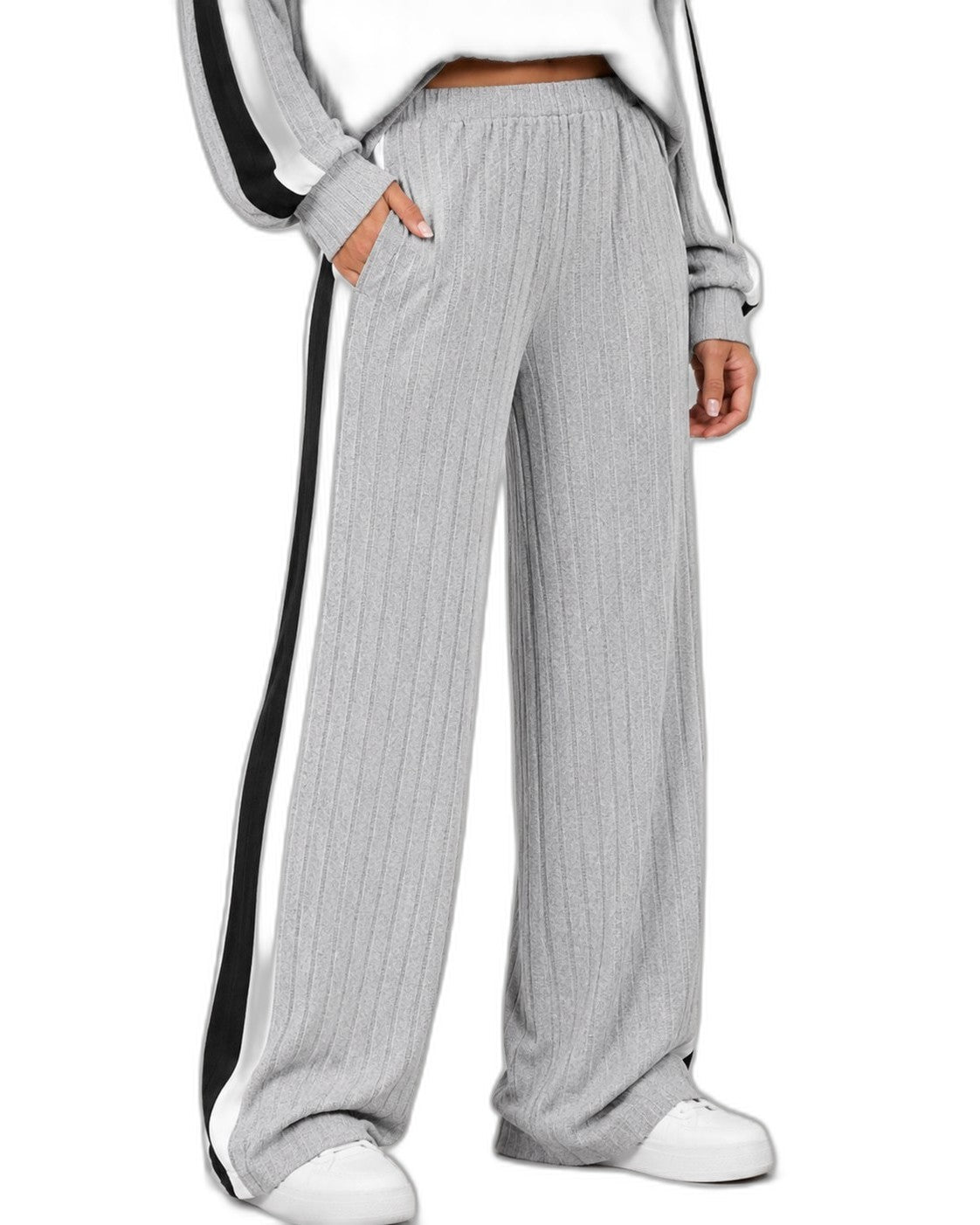 Effortless Ribbed Two Piece Set for Women with Wide Leg Casual Style