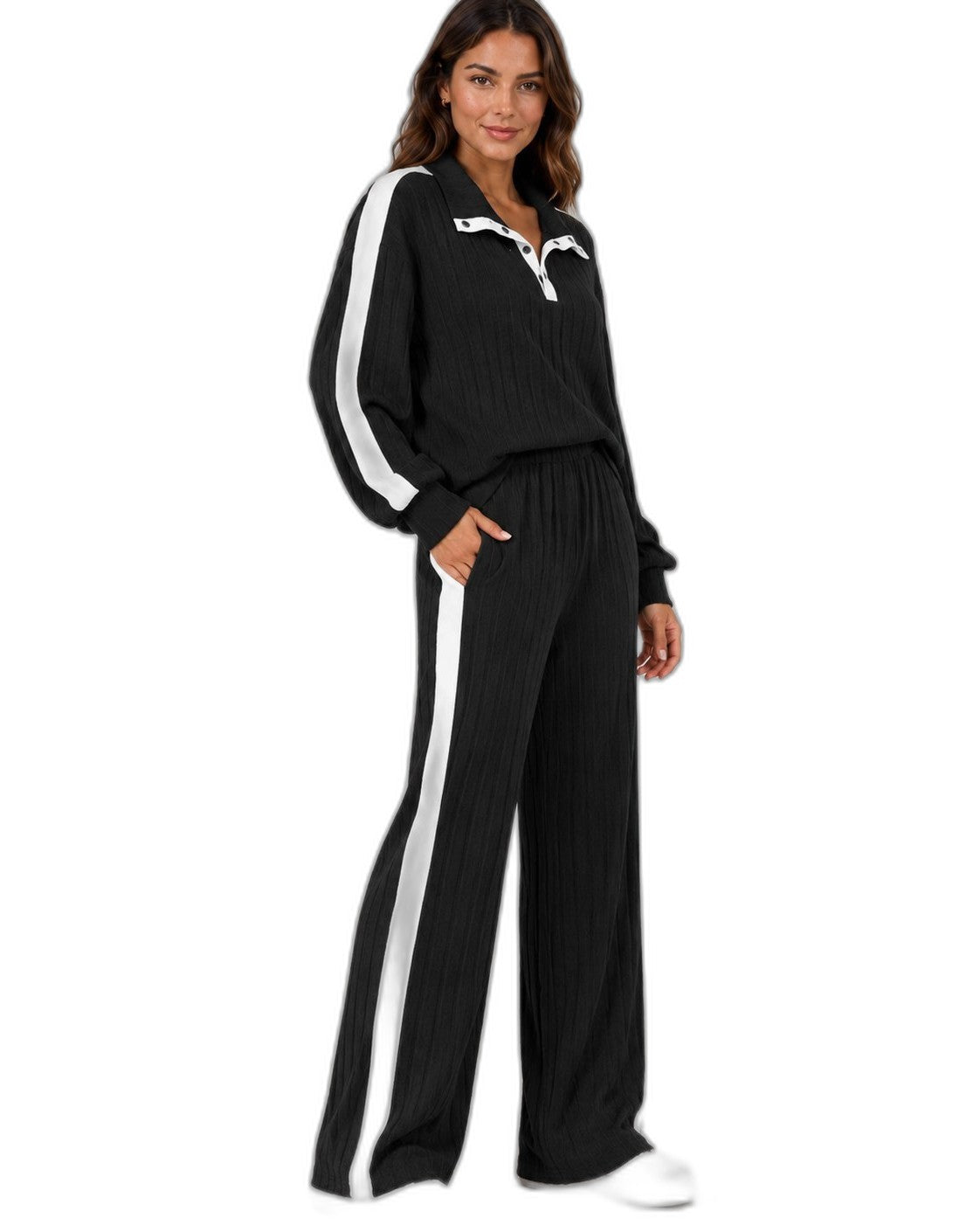 Effortless Ribbed Two Piece Set for Women with Wide Leg Casual Style