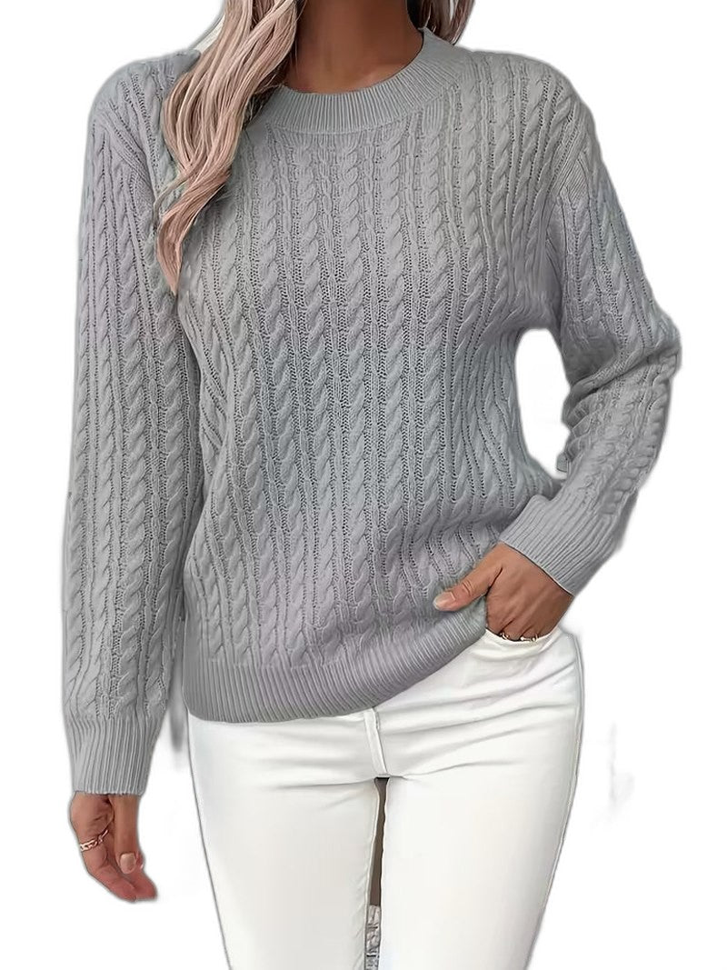 Effortless Sage Green Cable Knit Sweater for Women with Crew Neck Long Sleeve Casual Style