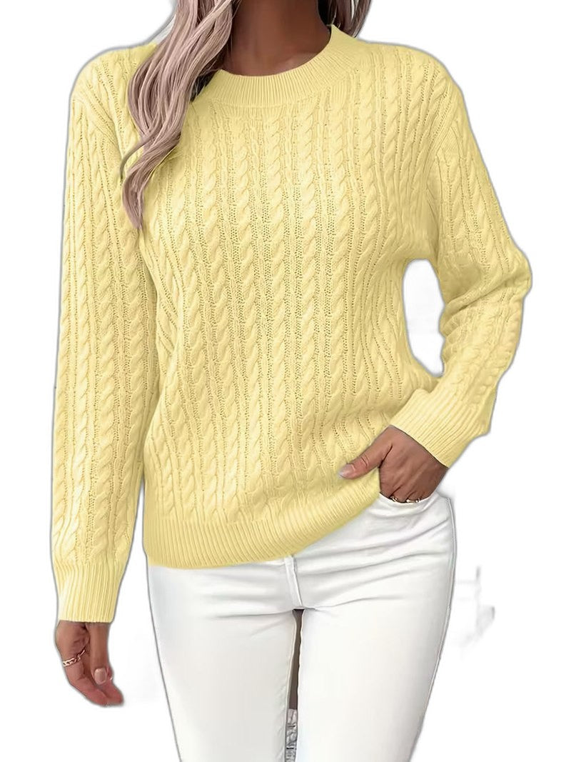 Effortless Sage Green Cable Knit Sweater for Women with Crew Neck Long Sleeve Casual Style