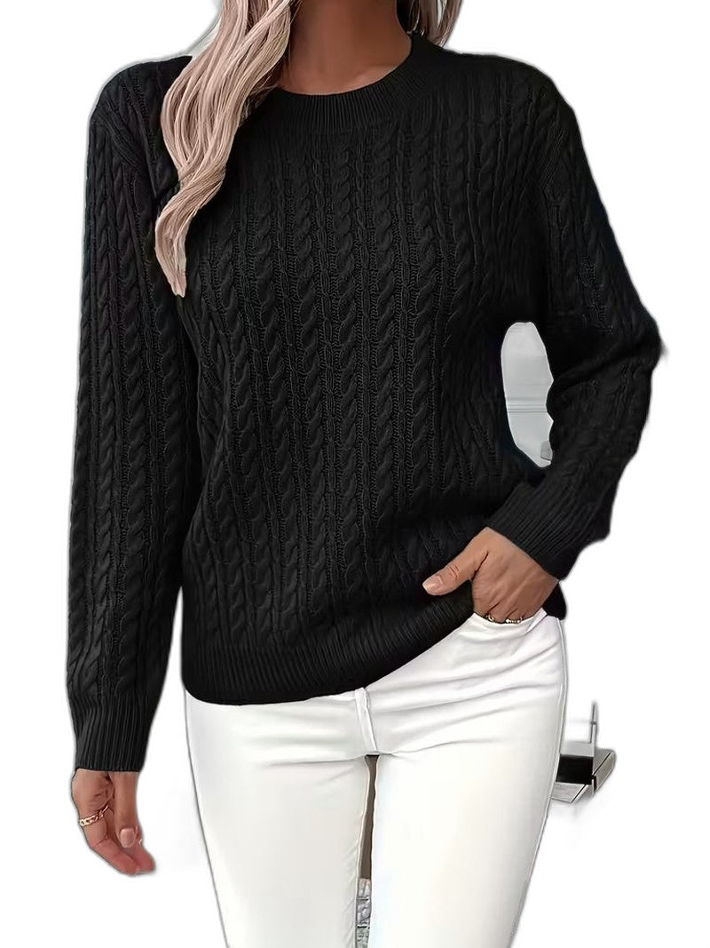 Effortless Sage Green Cable Knit Sweater for Women with Crew Neck Long Sleeve Casual Style