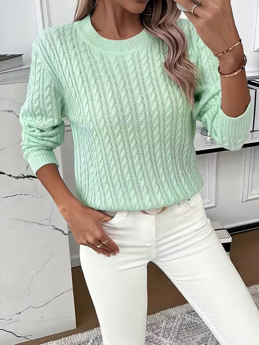 Effortless Sage Green Cable Knit Sweater for Women with Crew Neck Long Sleeve Casual Style