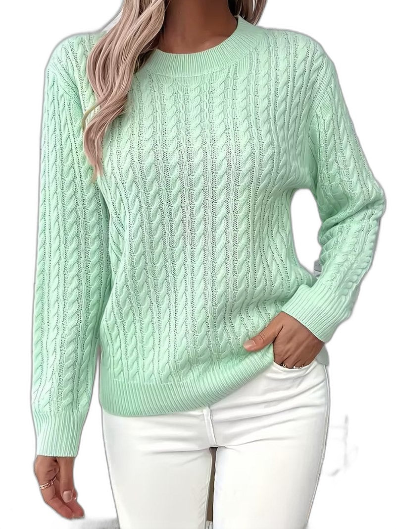 Effortless Sage Green Cable Knit Sweater for Women with Crew Neck Long Sleeve Casual Style